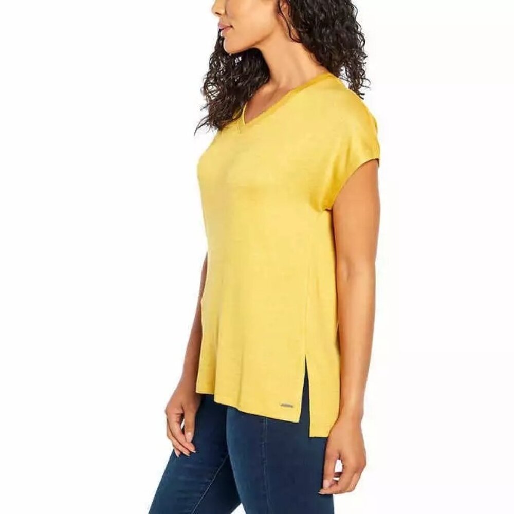 Orvis Shirt Tunic Knit Top V Neck Short Sleeve T Shirt Womens Yellow Size Small